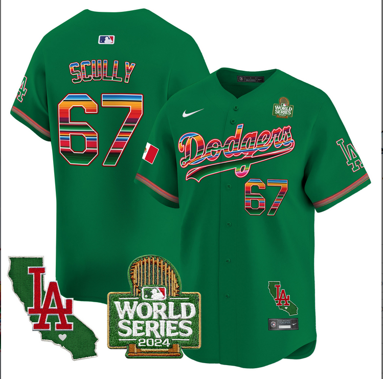 Men MLB Mexico Los Angeles Dodgers 67 Scully green 2024 World Series Champions Patch Jersey 2024110 style 2